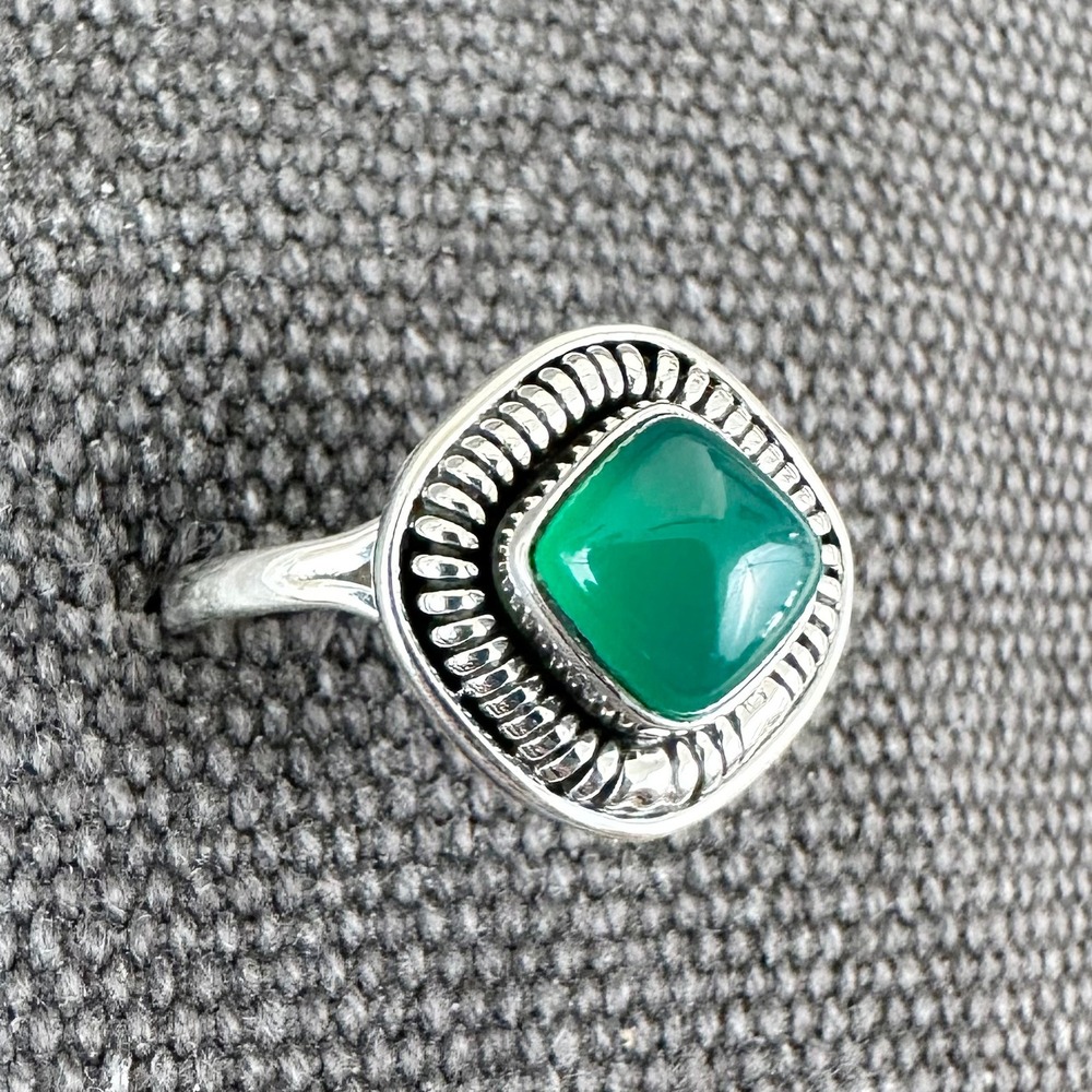 NEW Green Onyx Square Cut .925 Sterling Silver Ring Size 7 Bezel Southwestern‎